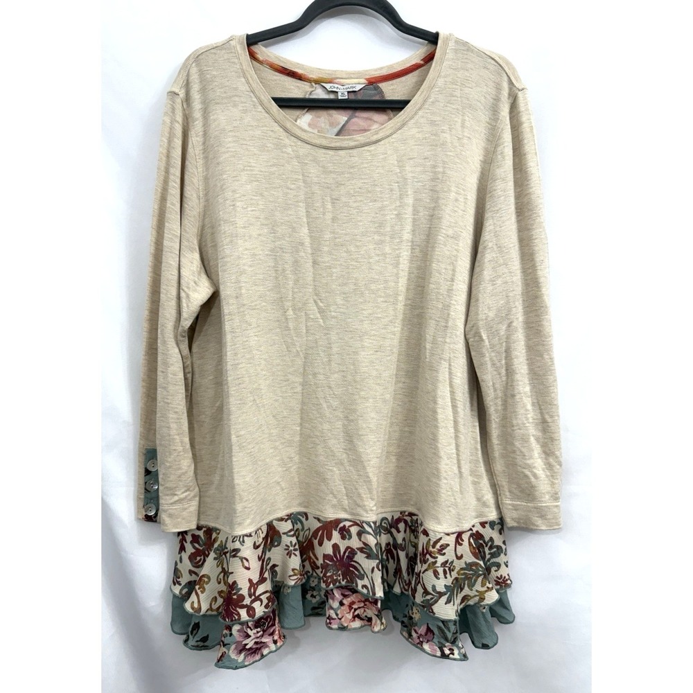 John Mark Beige Layered Floral Ruffle Back Mixed Print Flowy Tunic Womens XL‎